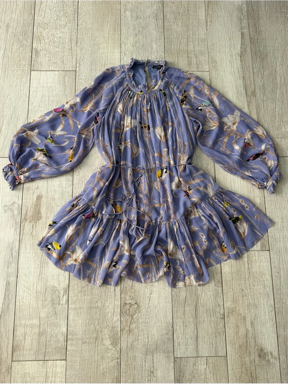 Banana Republic Floral Bird Print Ruffle Mini Dress Petite Large Purple EUC